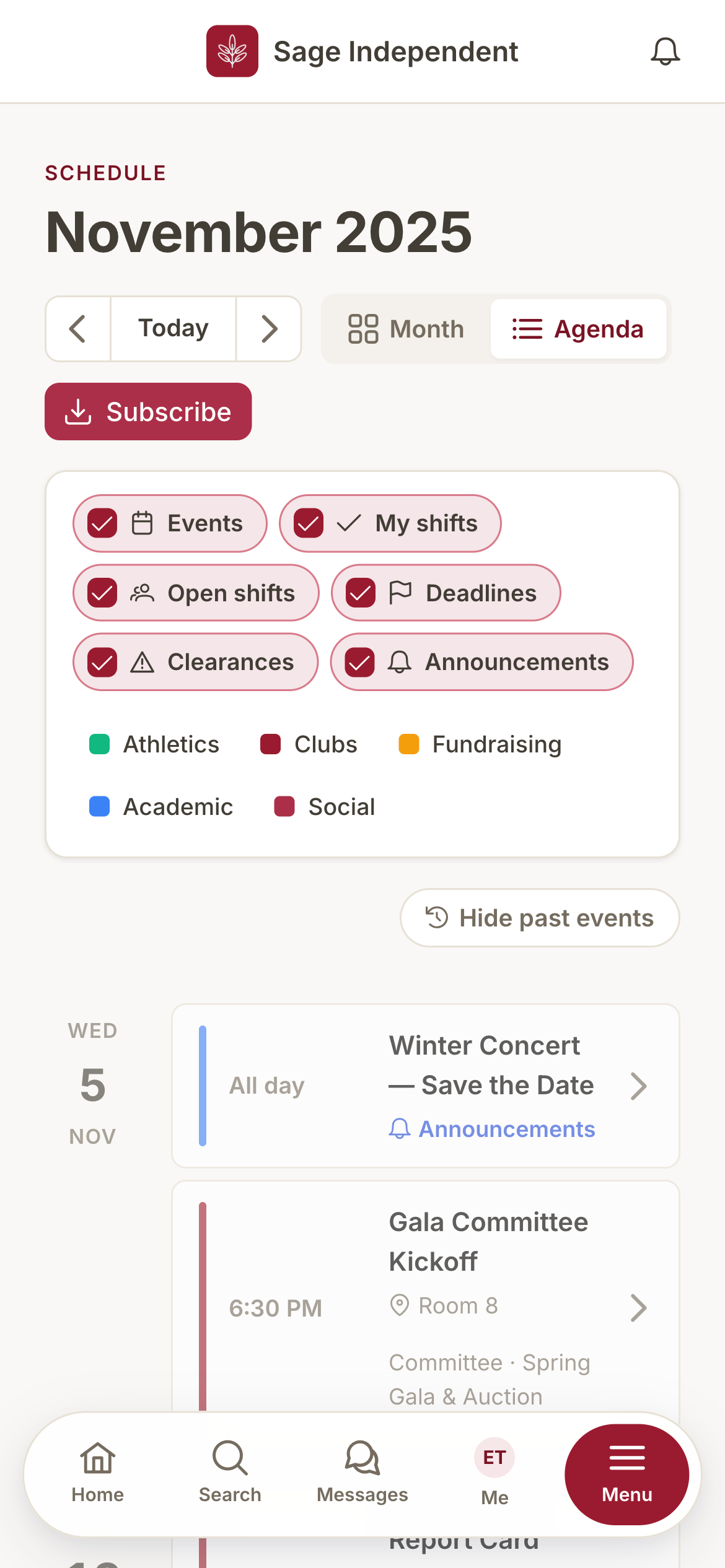 Calendar — mobile view
