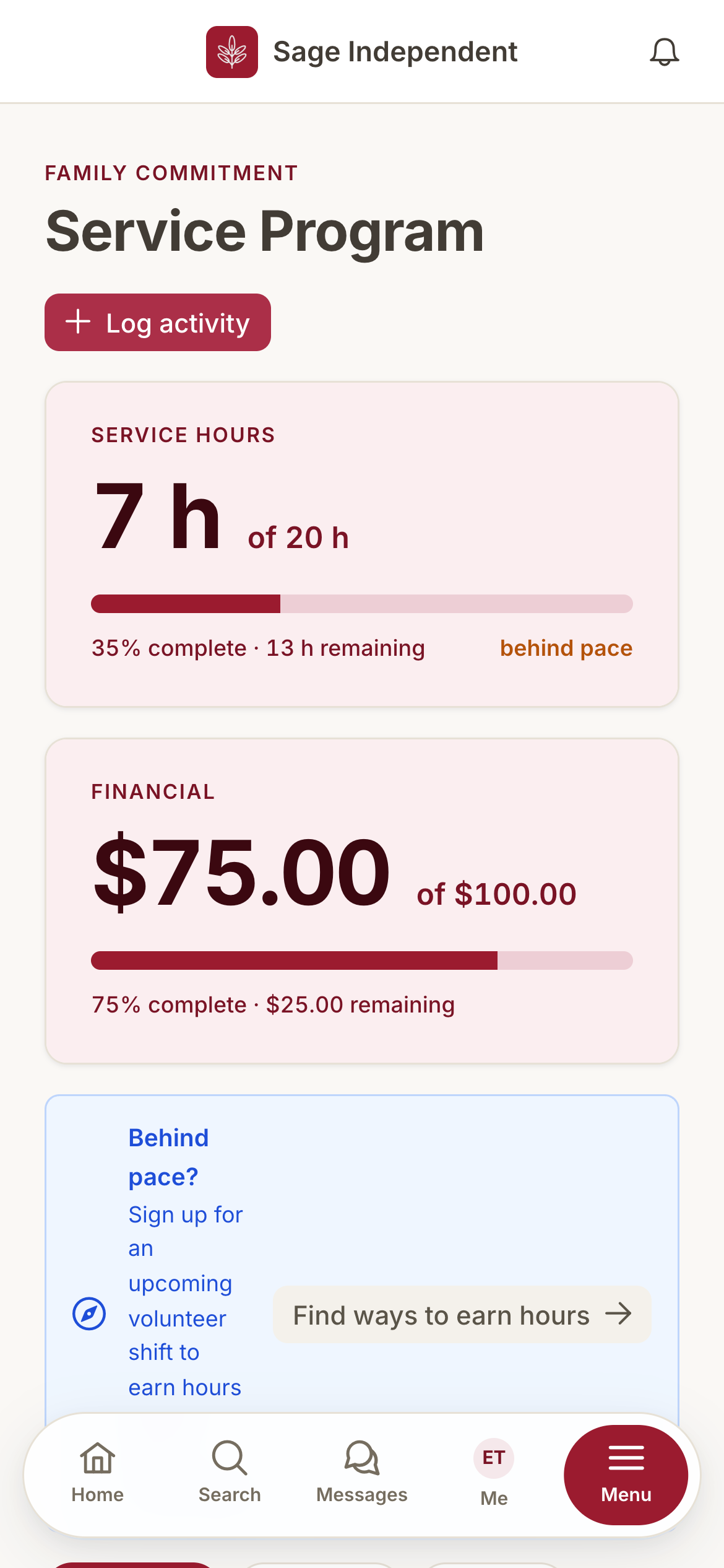 Commitment dashboard — mobile view