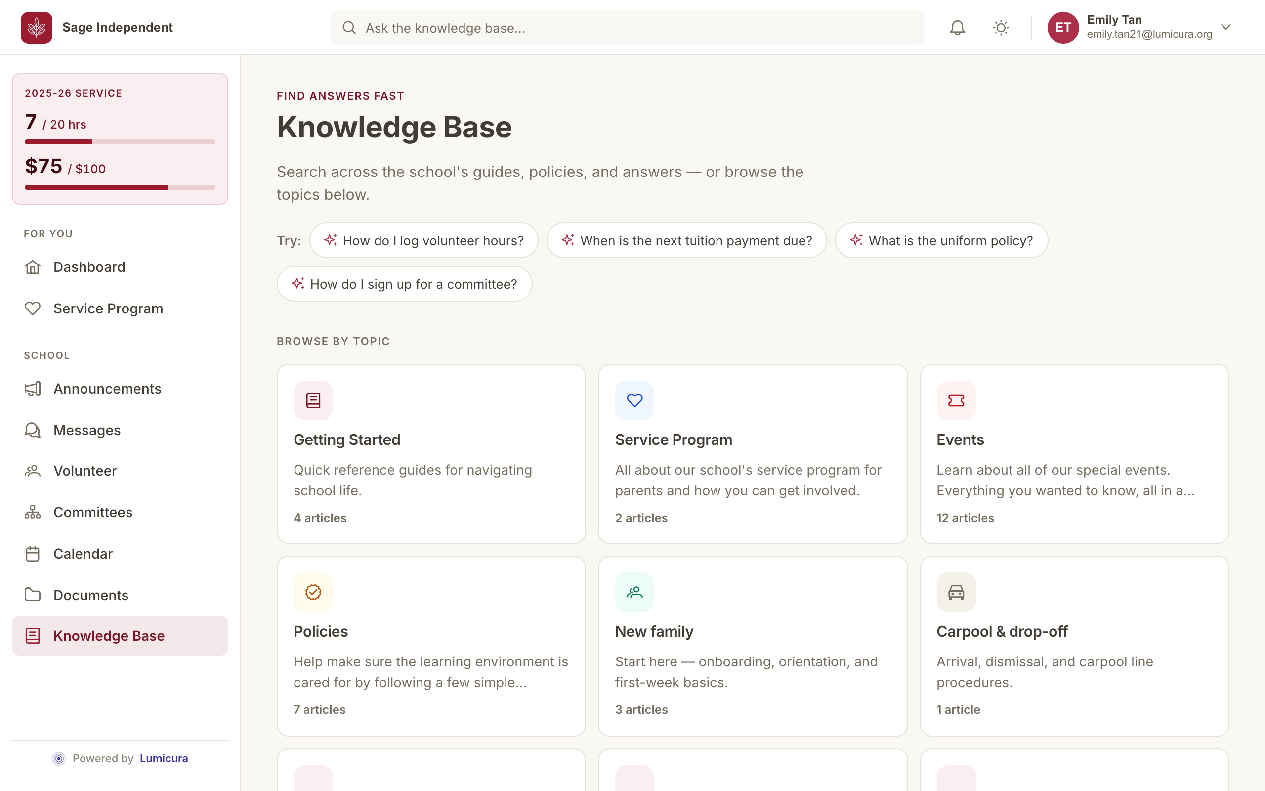 Knowledge base & search — desktop view